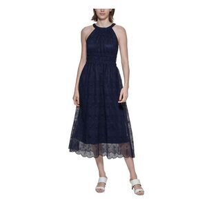CALVIN KLEIN Womens Navy Lined Sleeveless Halter Tea-Length Fit + Flare Dress 4